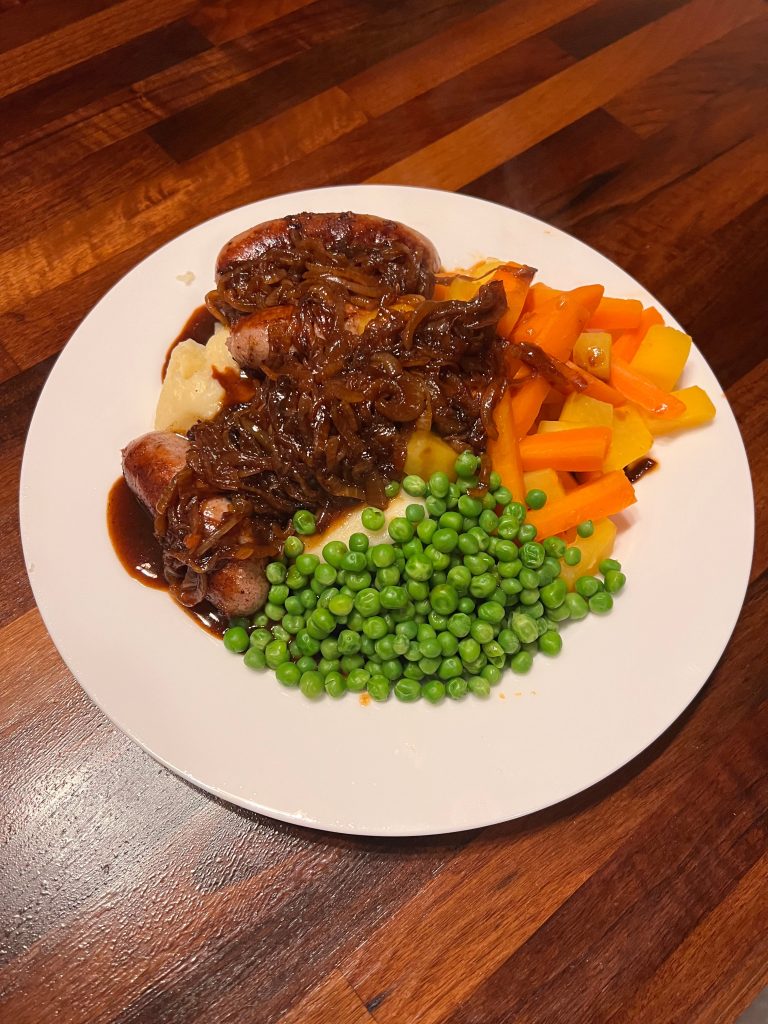 Bangers and Mash with Onion Gravy
