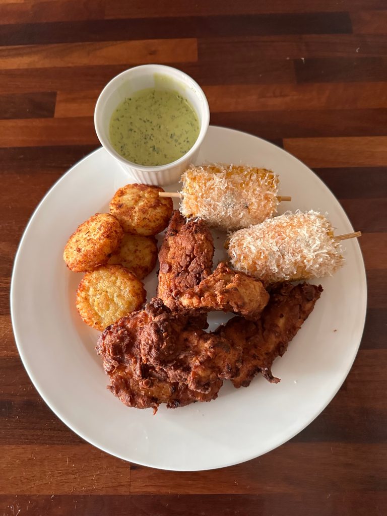 Buttermilk Chicken Tenders, Street Corn and Peruvian Green Sauce