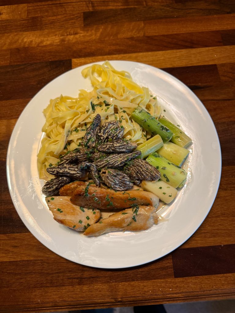 Chicken in Morel Cream Sauce, Baby Leeks and Fettuccine