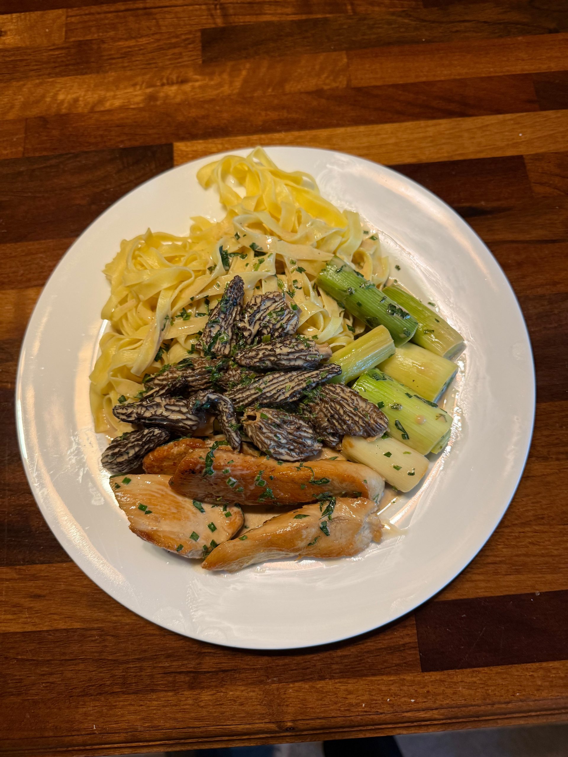 Chicken in Morel Cream Sauce, Baby Leeks and Fettuccine
