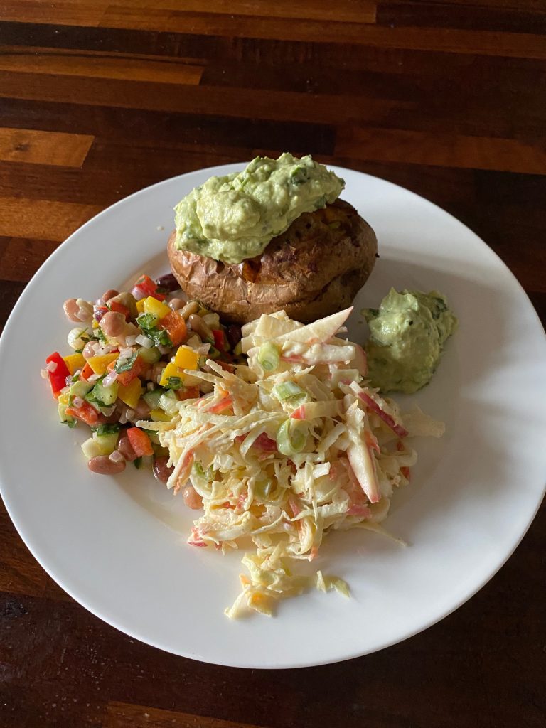Chorizo Baked Potatoes with Avocado Cream