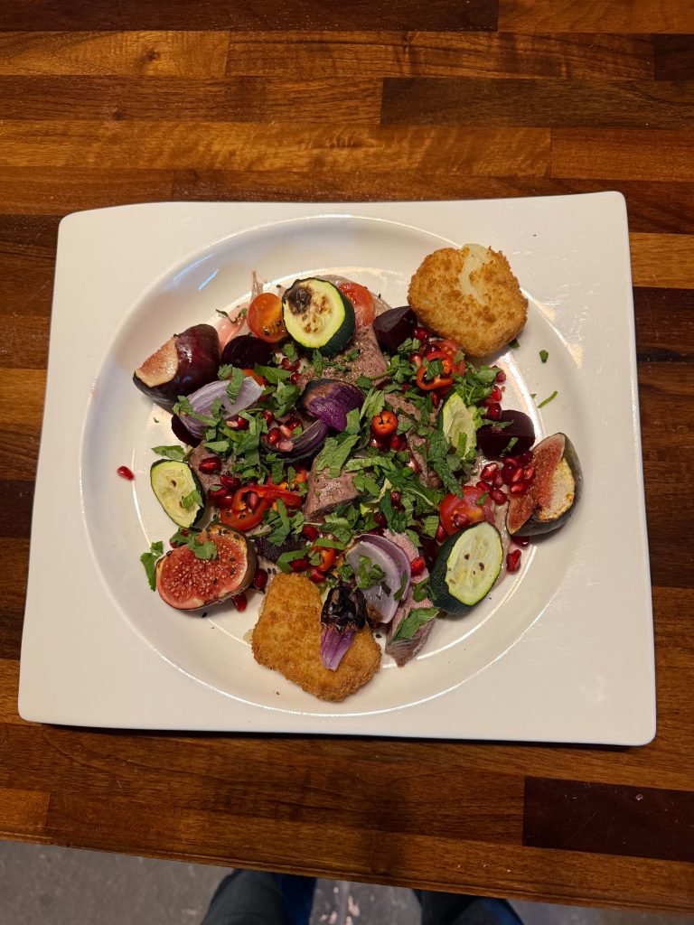 Lamb with Courgette, Figs, Beetroot, Tomatoes and Tahini Dressing