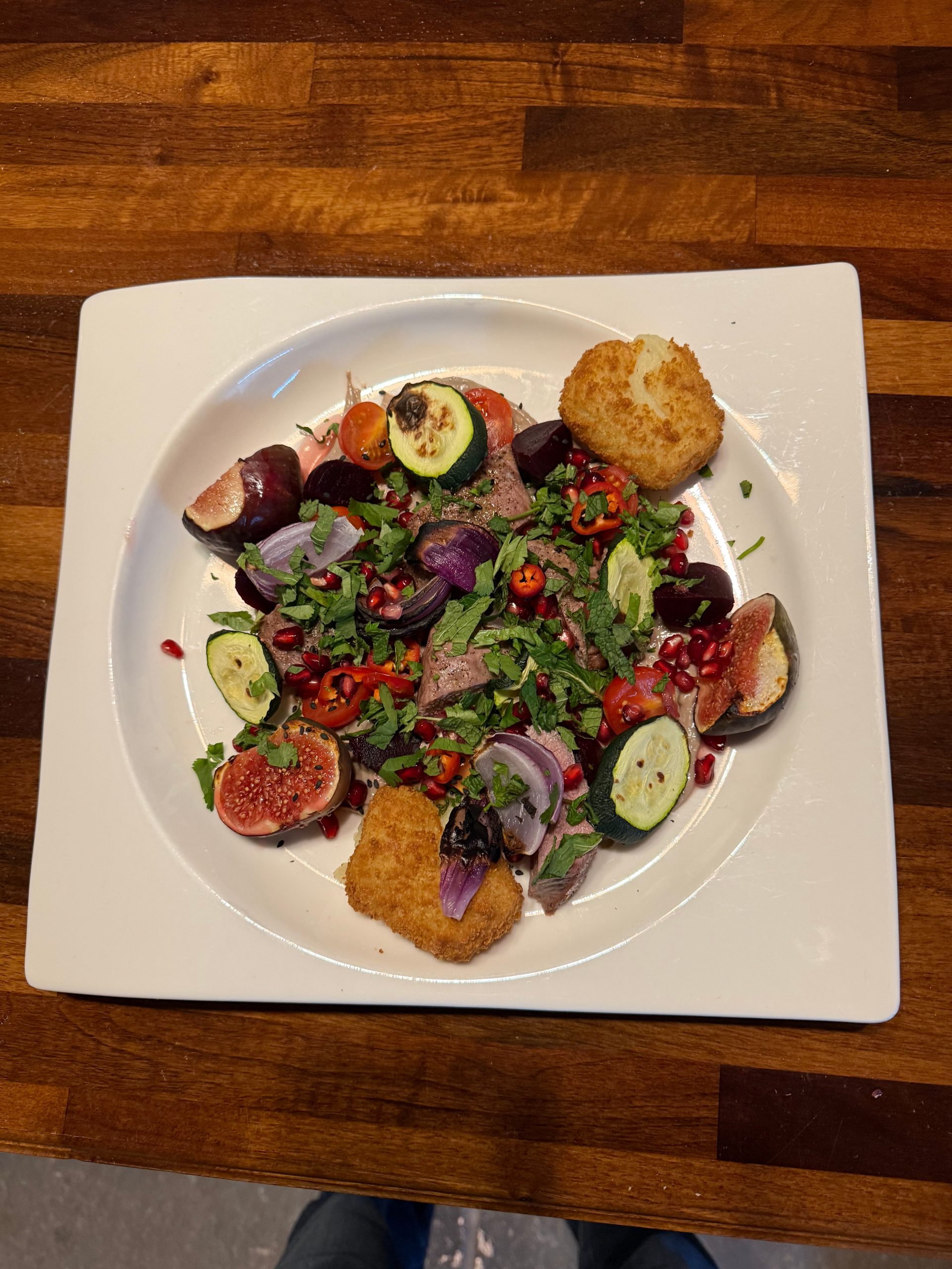 Lamb with Courgette, Figs, Beetroot, Tomatoes and Tahini Dressing