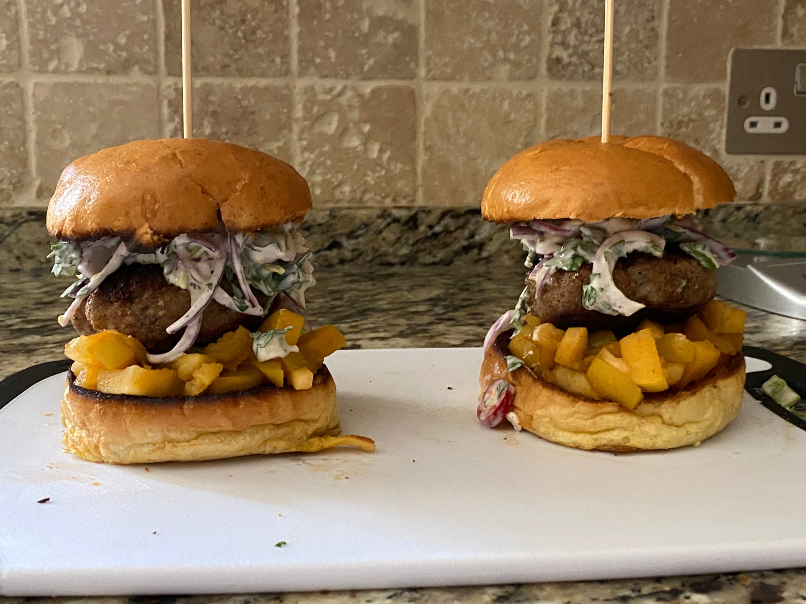 Pork Burger with Spicy Apple Chutney & Coleslaw
