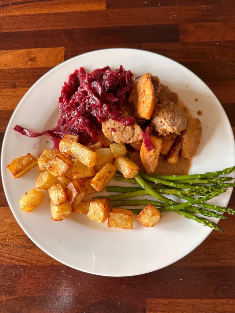 Pork Fillet and Apple with a Cider Mustard Sauce and Rosemary and Garlic Potatoes