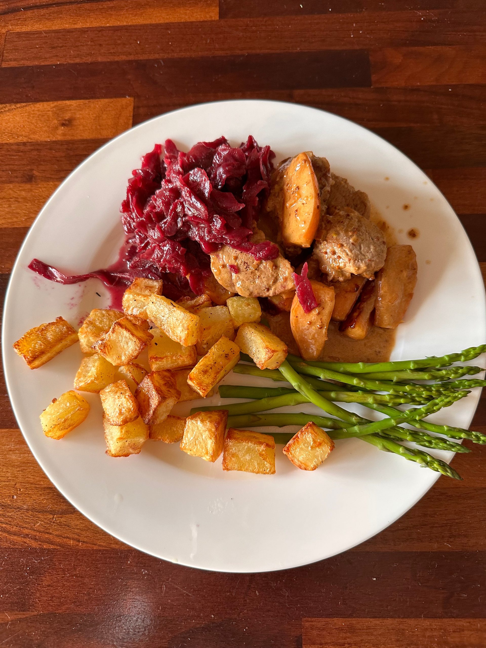 Pork Fillet and Apple with a Cider Mustard Sauce and Rosemary and Garlic Potatoes