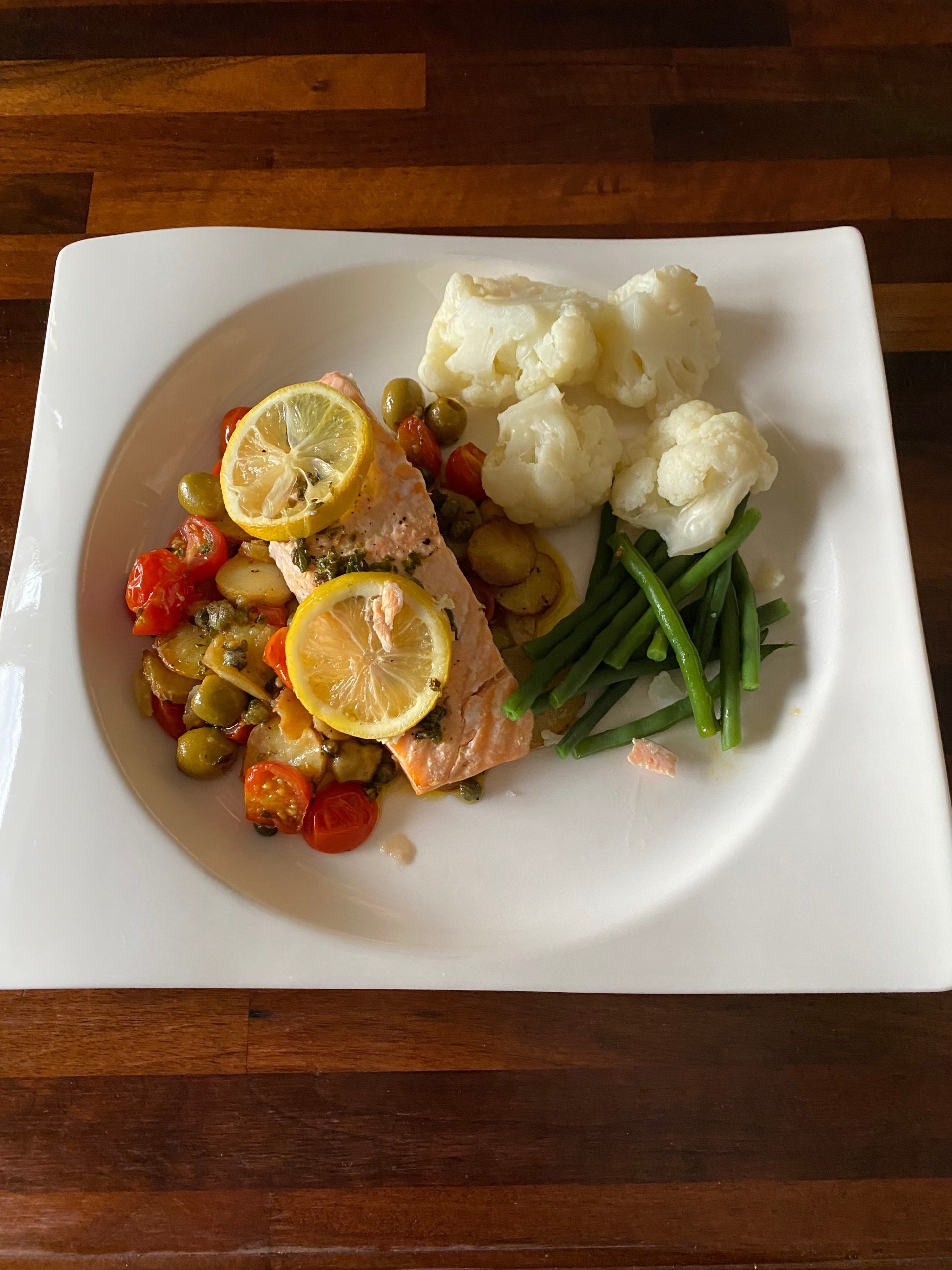 Slow Baked Salmon with Sweet Tomatoes, Olives & Potatoes