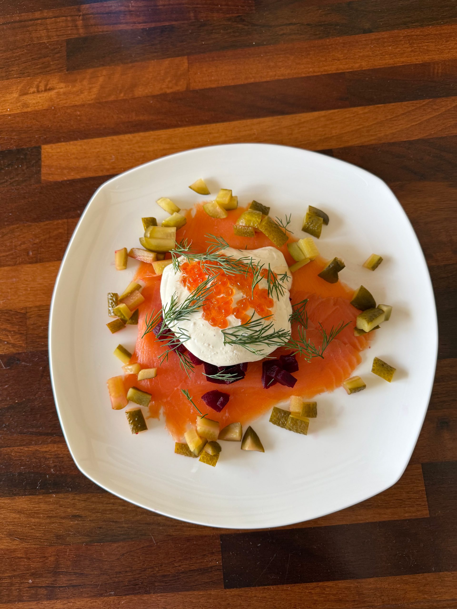 Smoked Salmon with Gherkin, Beetroot & Vanilla Vodka Crème Fraîche