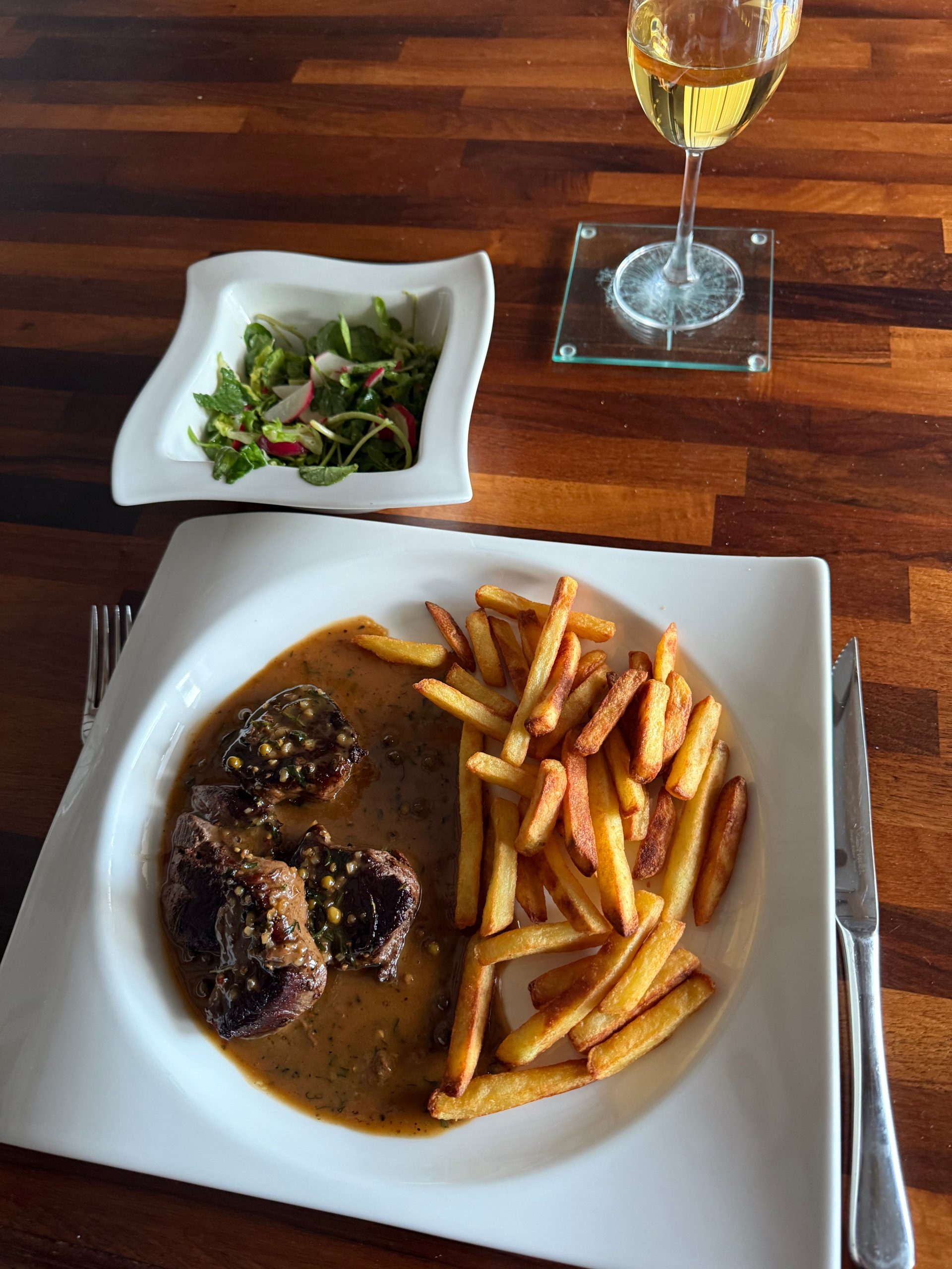 Steak au Poivre and French Fries with Green Salad