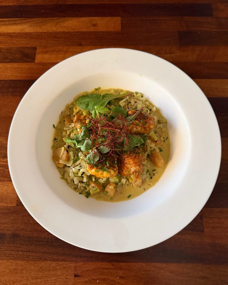 Roasted Spiced Monkfish, Leeks & Patagonian Scallops