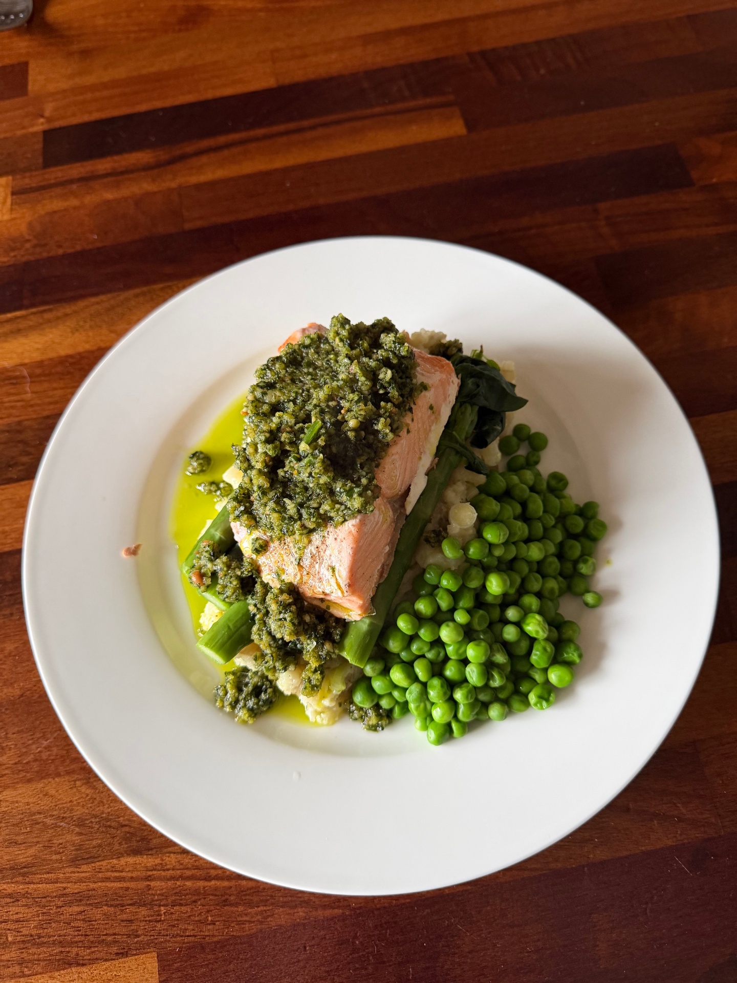 Salmon with Garlic Leaf Pesto, Crushed Jersey Royal Potatoes and seasonal British Asparagus